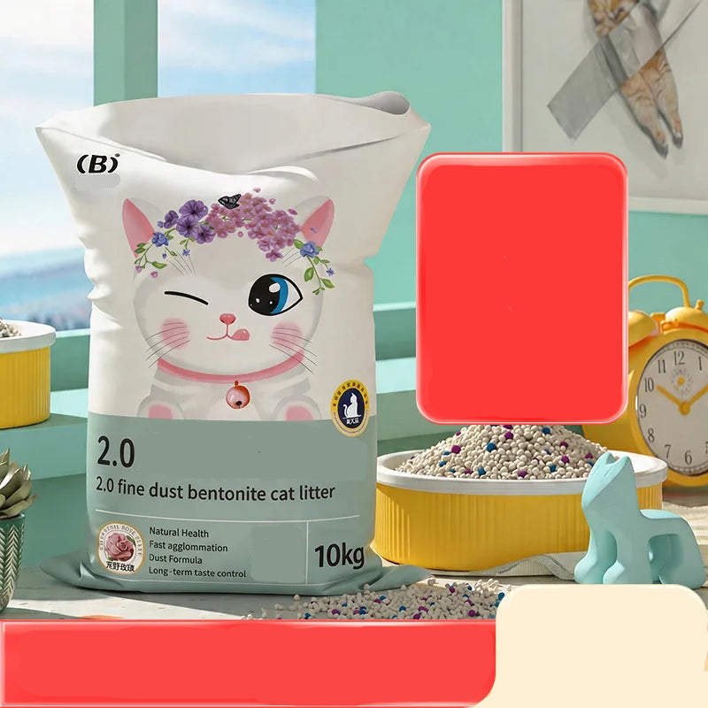 10kg bag of rose-scented bentonite clumping cat litter beside a filled litter tray