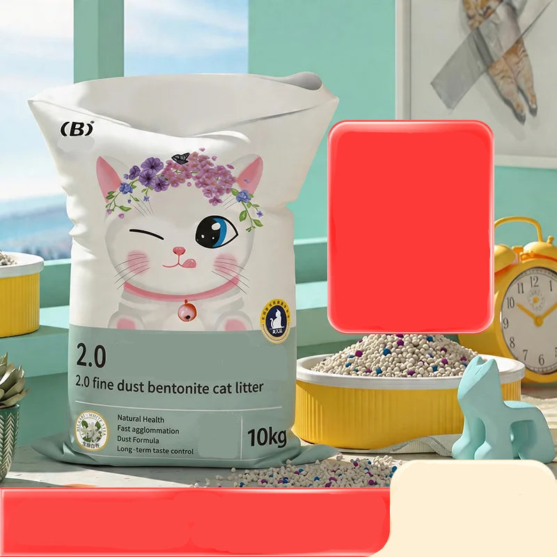 10kg bag of fine bentonite clumping cat litter beside a filled litter tray