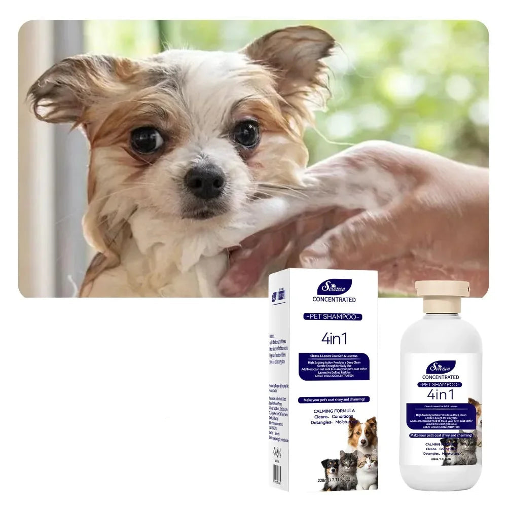 Small dog being bathed with 4-in-1 concentrated pet shampoo, shown with the product bottle and packaging