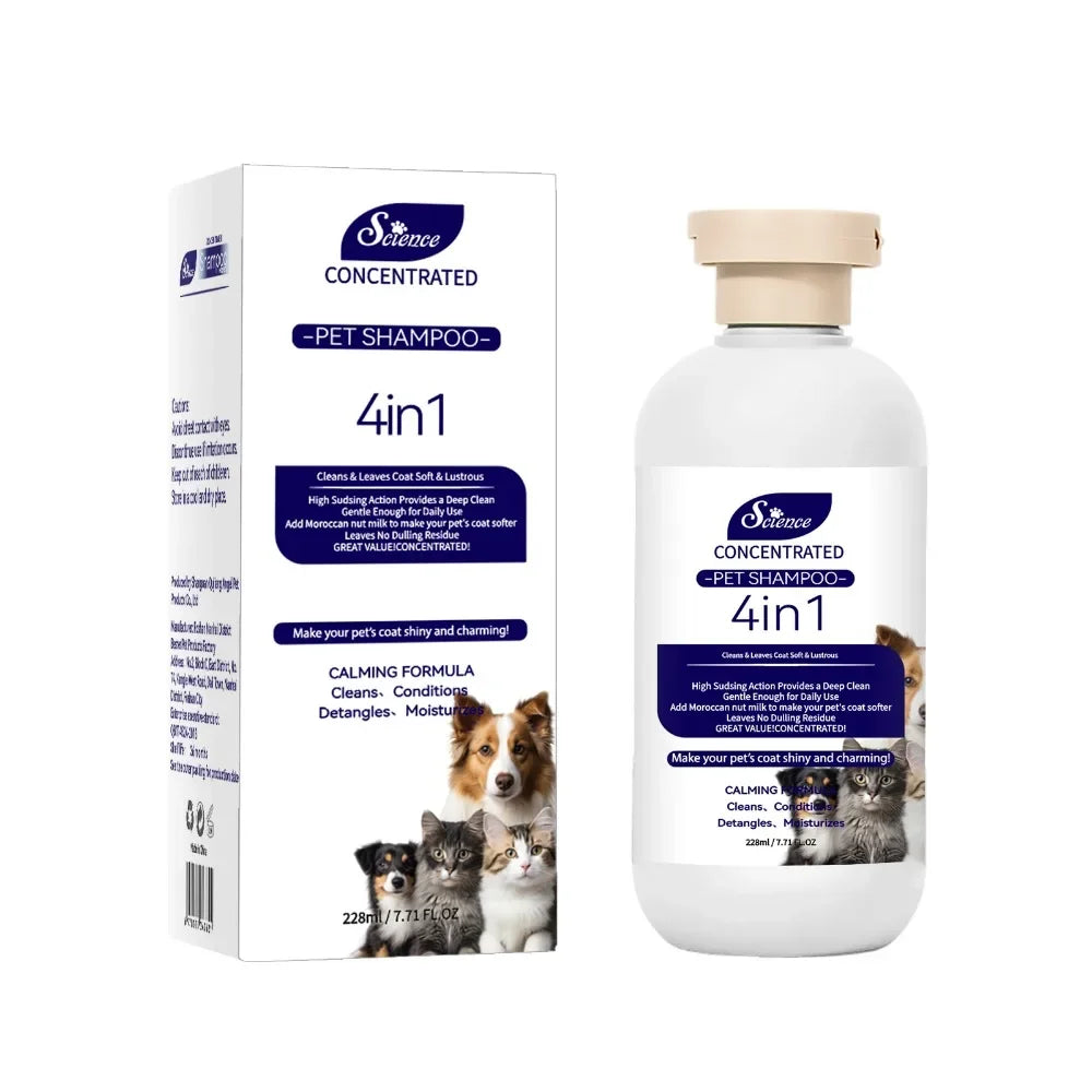 4-in-1 concentrated pet shampoo for dogs and cats in a 228ml bottle with product box, formulated to clean, condition, detangle and moisturise