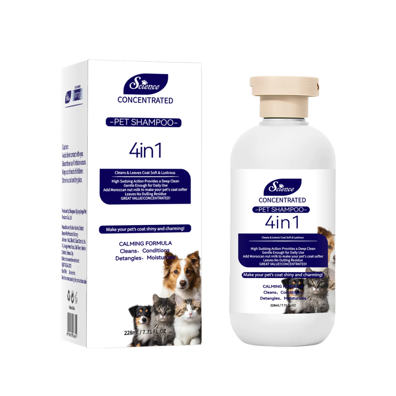 4-in-1 concentrated pet shampoo for dogs and cats shown with the 228ml bottle and product box