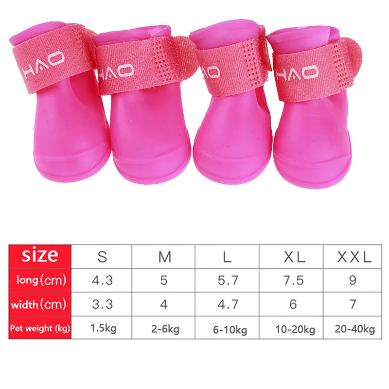 Pink 4pc set waterproof dog rain shoes, anti-slip rubber boots