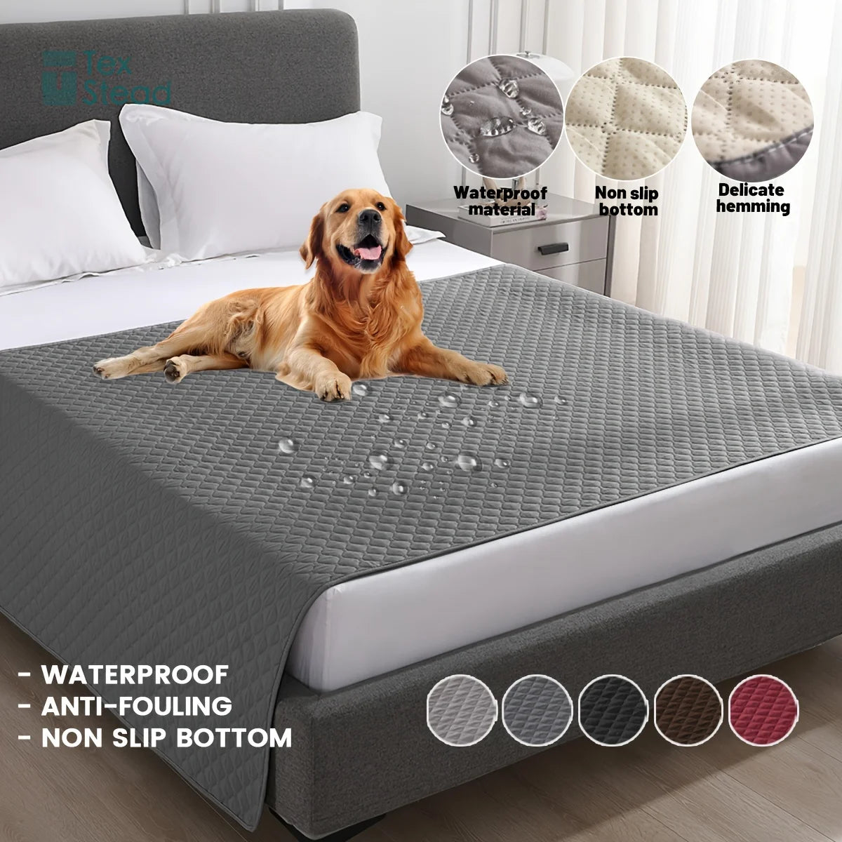 Waterproof dog bed cover protecting a bed from pet mess