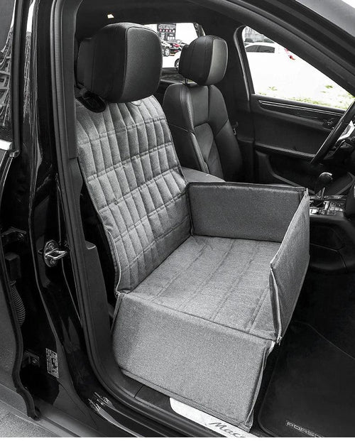 Waterproof Car Basket Seat for Pets, grey padded booster car basket seat with clip straps, on a white background