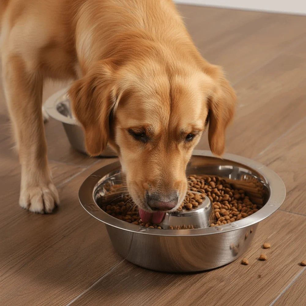 Dog eating from stainless steel slow feeder bowl