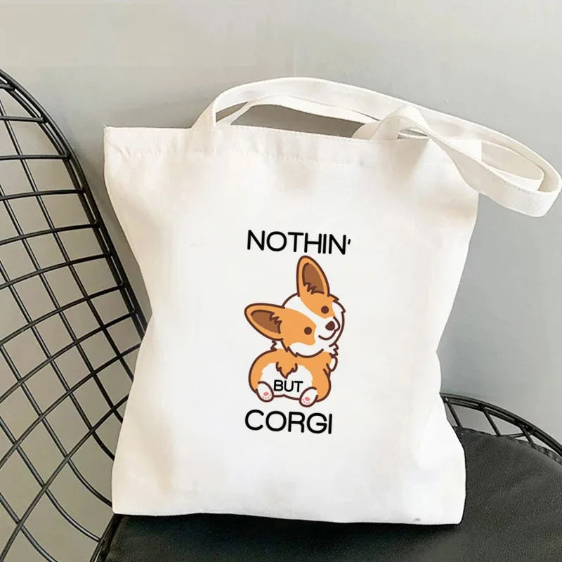 Corgi Dog Print Canvas Tote Bag