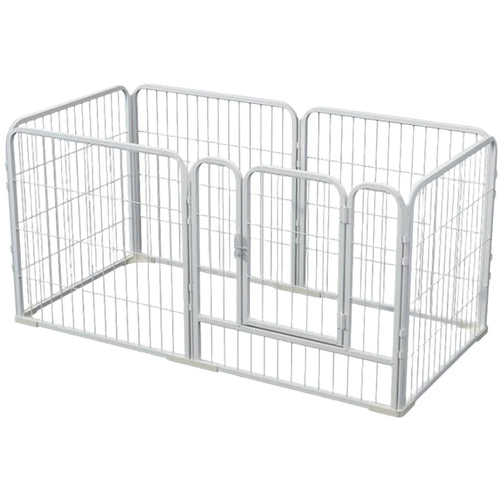Foldable pet barrier in white, six panel metal dog playpen on a plain white background