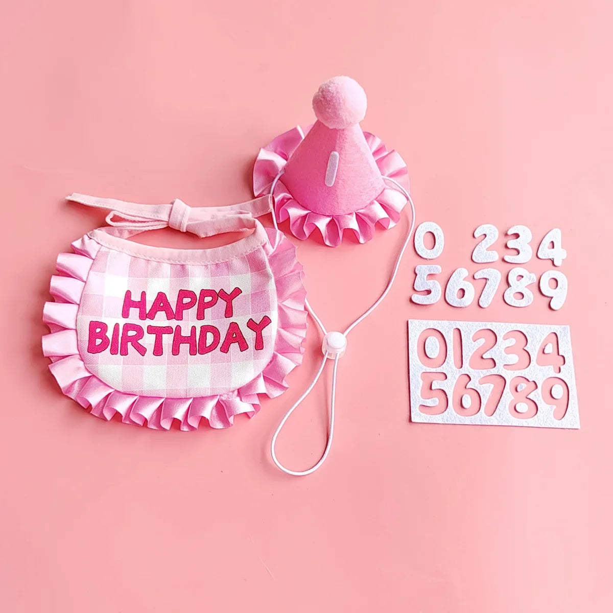 Doggy Birthday Outfit Set in Pink Set with numbers, bandana and party hat