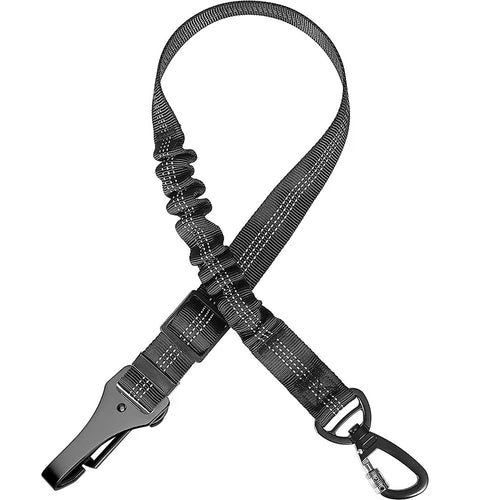 Black bungee dog car restraint tether with an aluminium carabiner and seatbelt buckle clip, shown flat on white