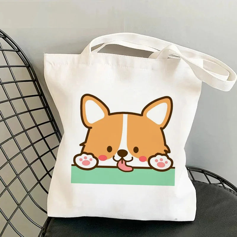Corgi Dog Print Canvas Tote Bag