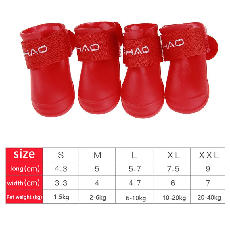 Red 4pc set waterproof dog rain shoes, anti-slip rubber boots