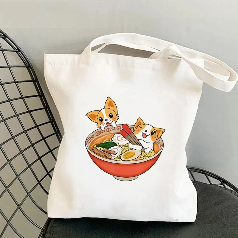 Corgi Dog Print Canvas Tote Bag