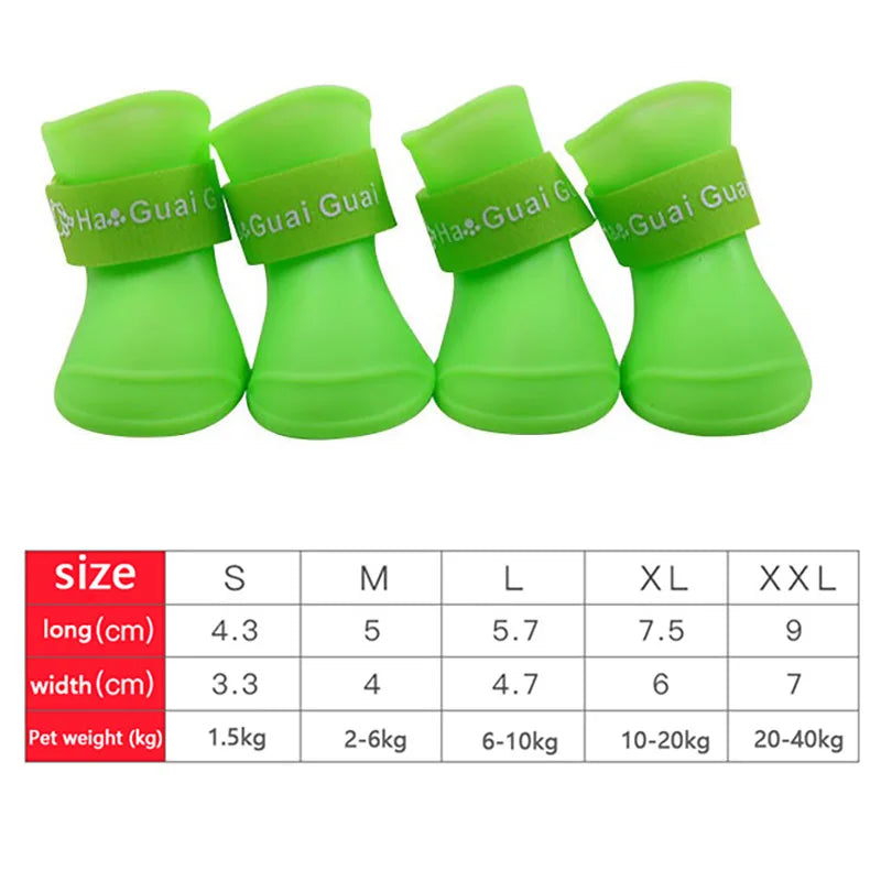 Green 4pc set waterproof dog rain shoes, anti-slip rubber boots