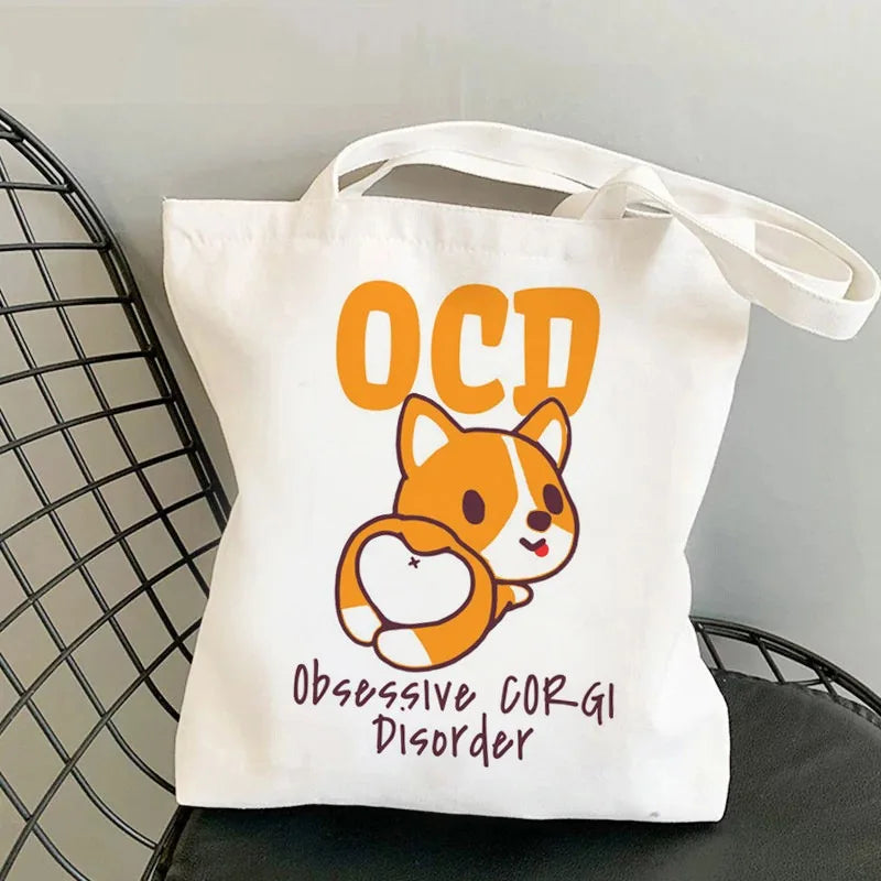 Corgi Dog Print Canvas Tote Bag
