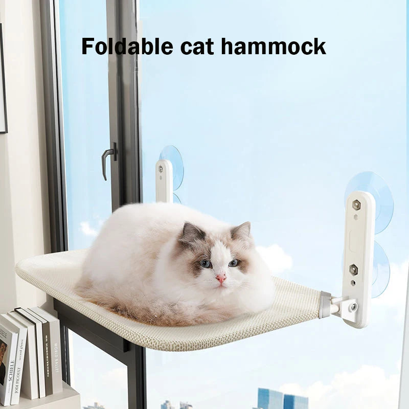 A white cat resting on the suction cup window hammock