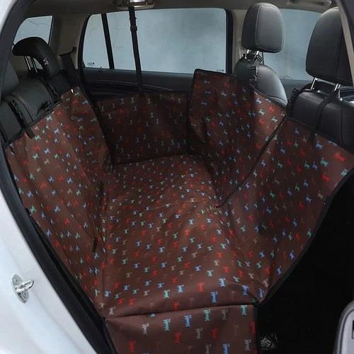 Essential Waterproof Dog Car Seat Cover, black paw print back seat hammock with headrest straps, on a white background