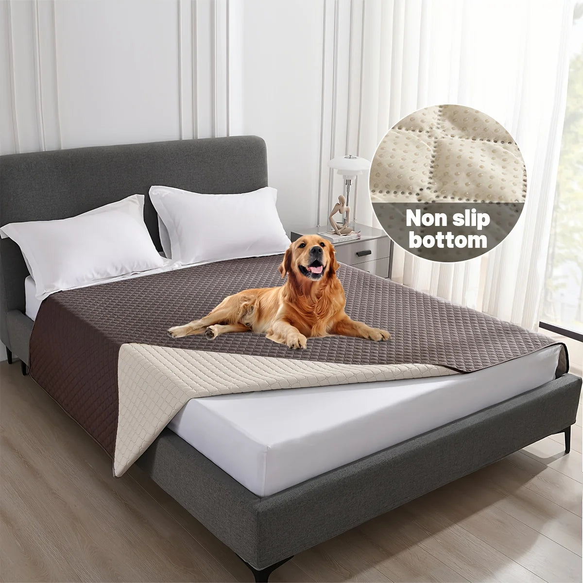 Chocolate waterproof dog bed cover on bed