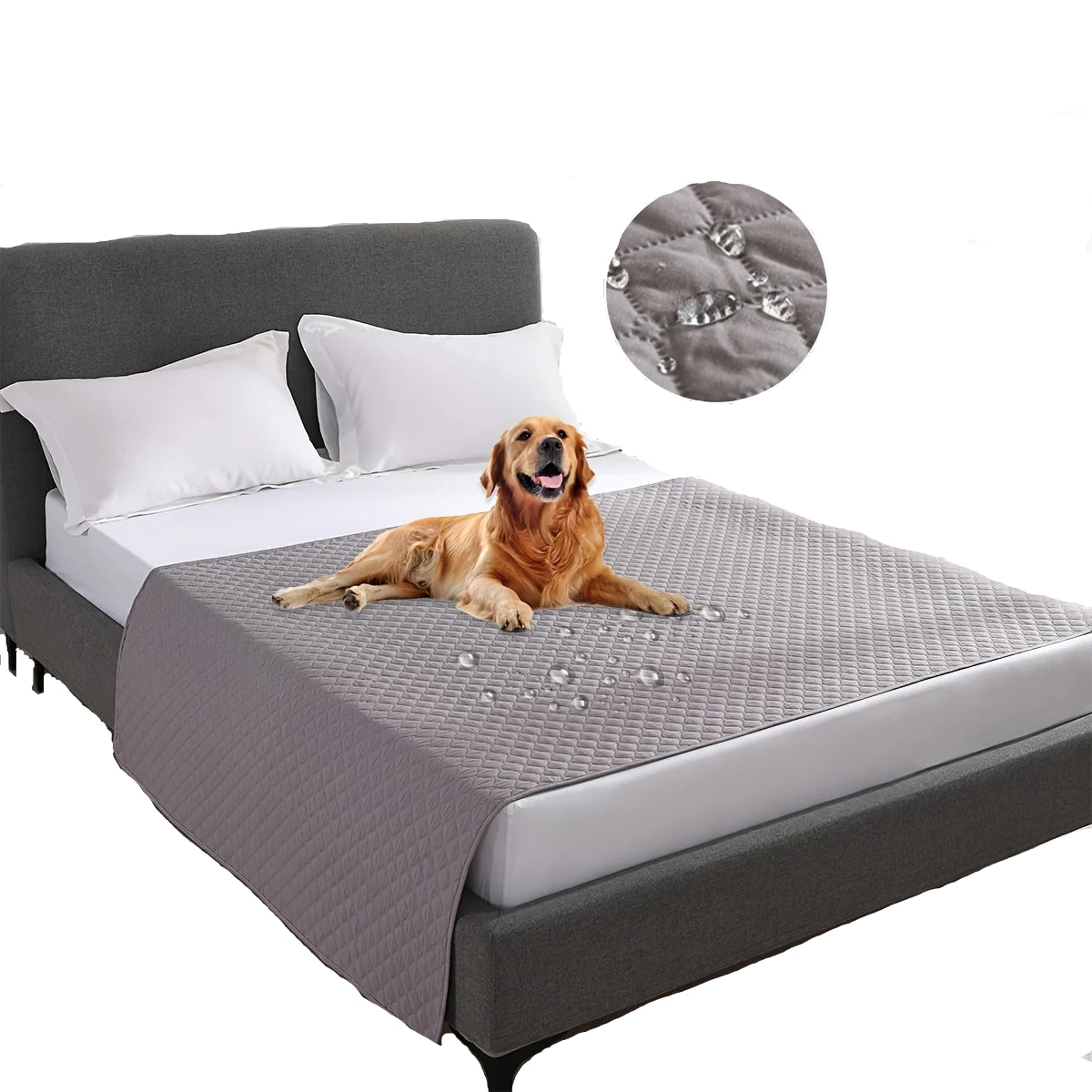 Grey waterproof dog bed cover on bed