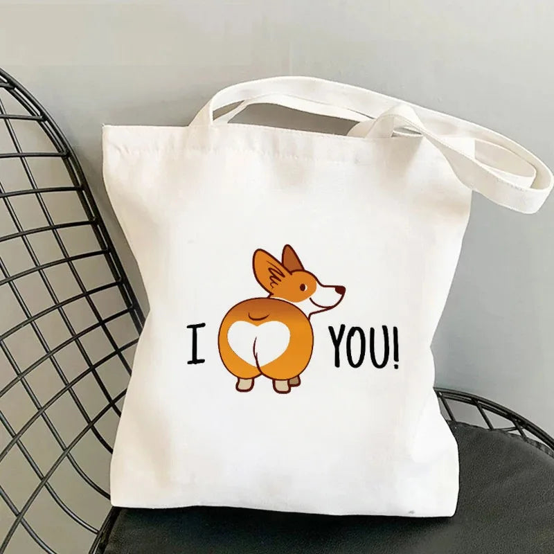 Corgi Dog Print Canvas Tote Bag