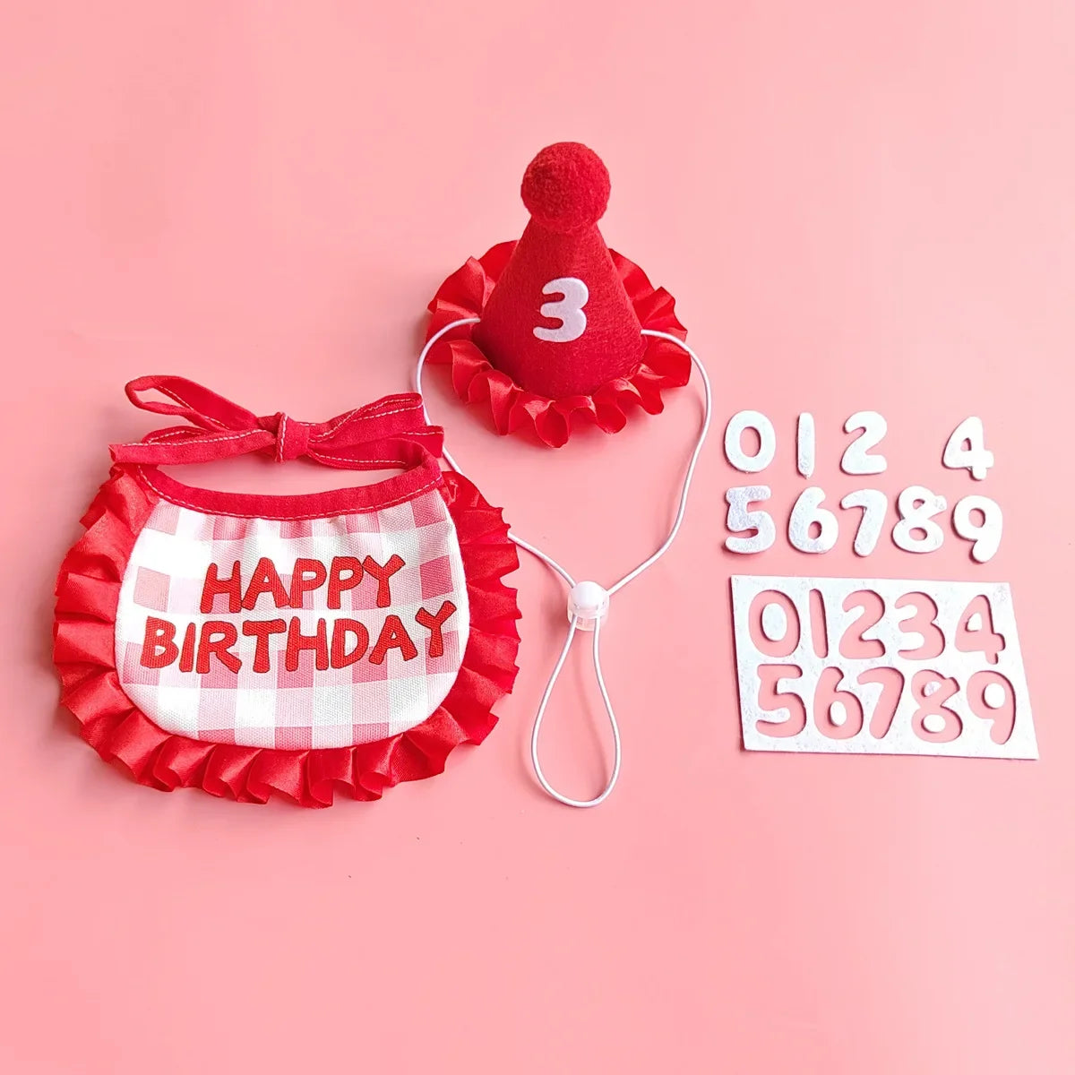 Doggy Birthday Outfit Set in Red Set with numbers, bandana and party hat