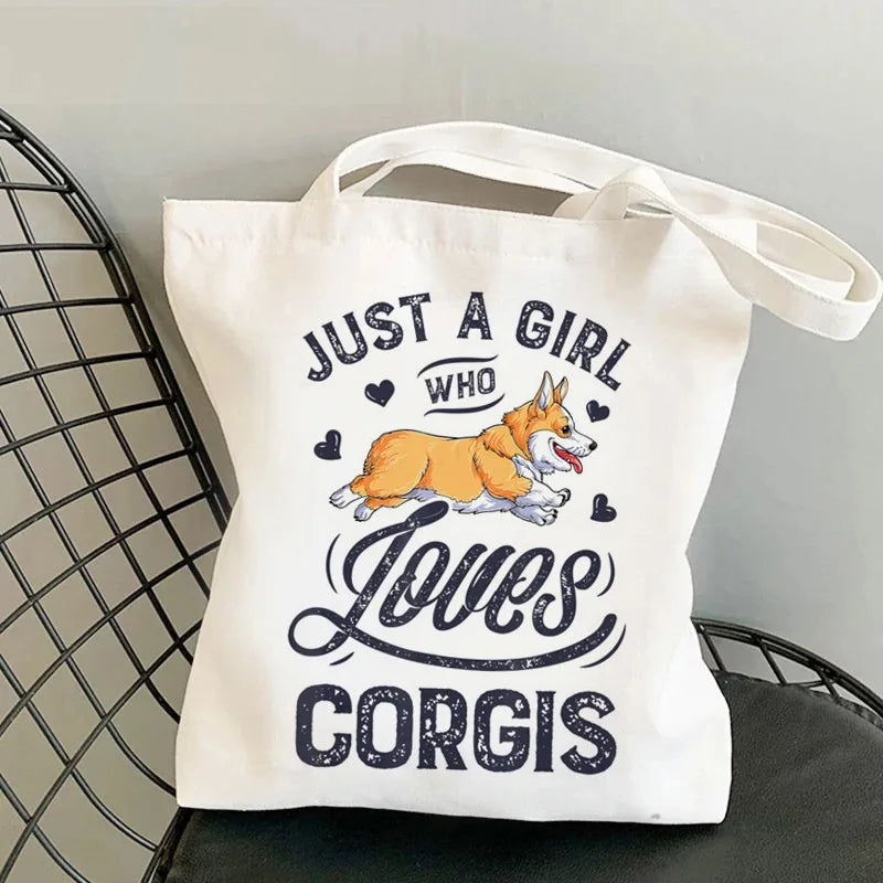 Corgi Dog Print Canvas Tote Bag