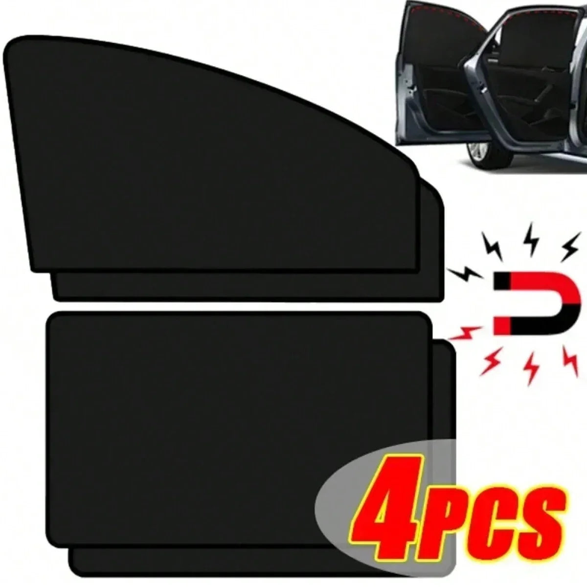 Four magnetic car window sun shades with the magnetic edge highlighted