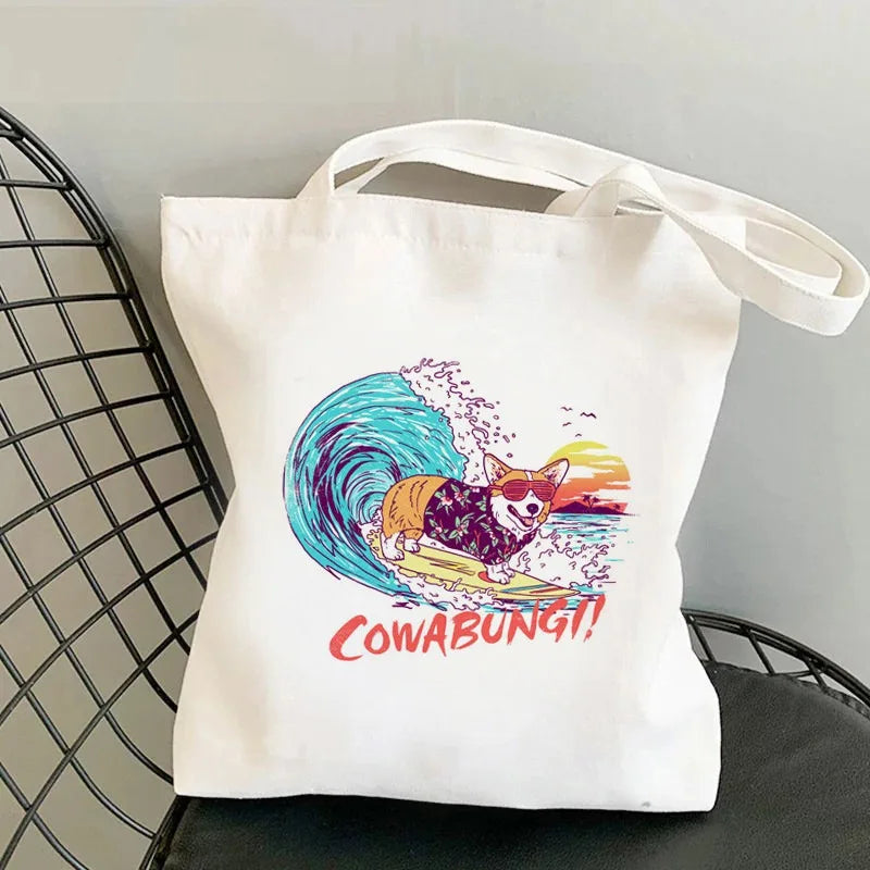 Corgi Dog Print Canvas Tote Bag