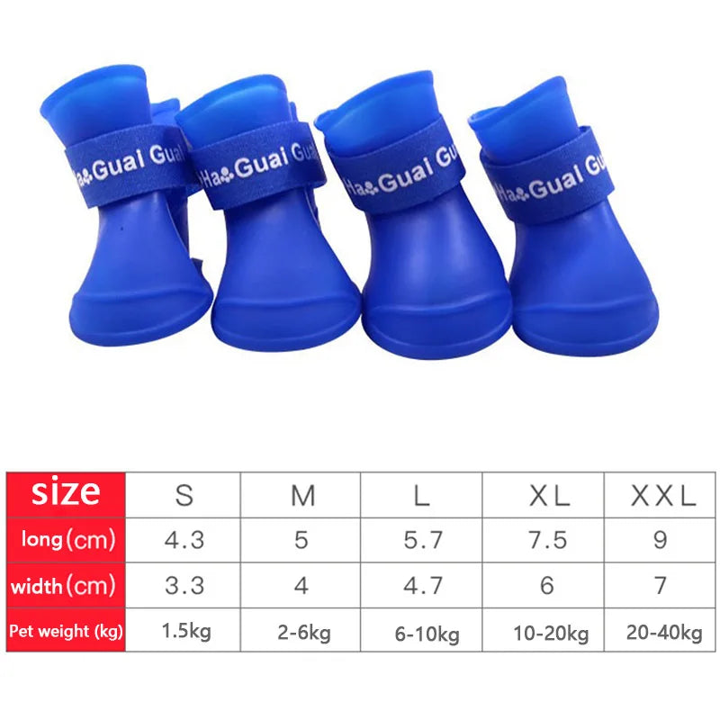 Blue 4pc set waterproof dog rain shoes, anti-slip rubber boots