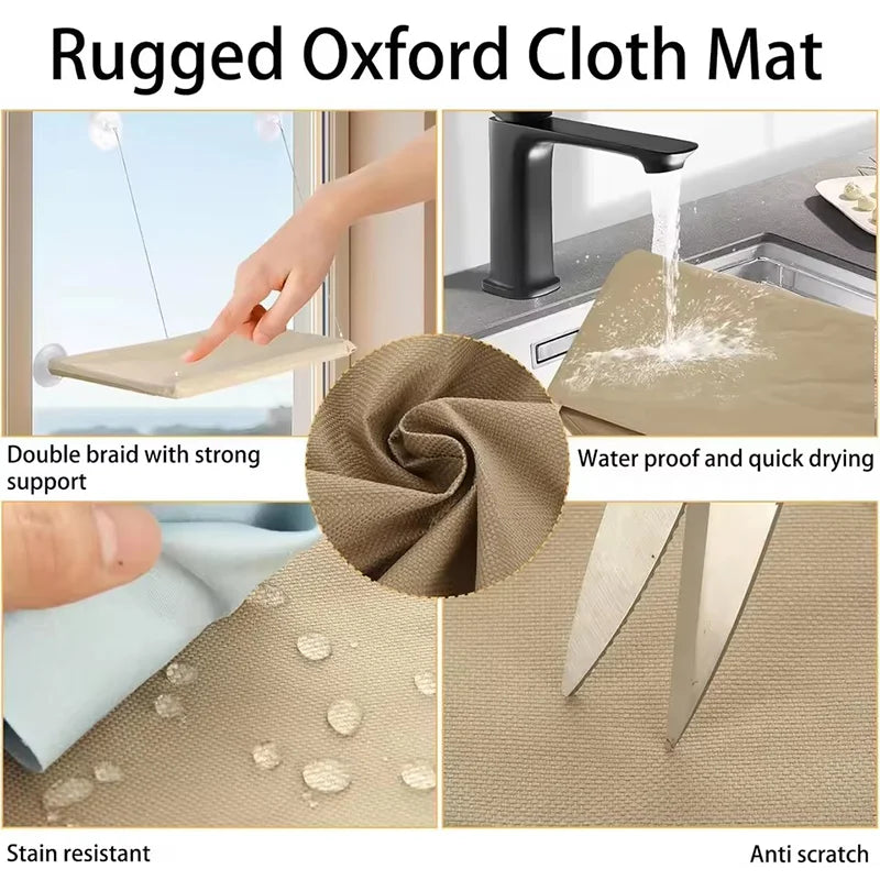 Water beading on the Oxford cloth mat to show it is water resistant