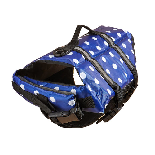 Reflective dog life jacket in blue polka dot with grab handle and adjustable straps