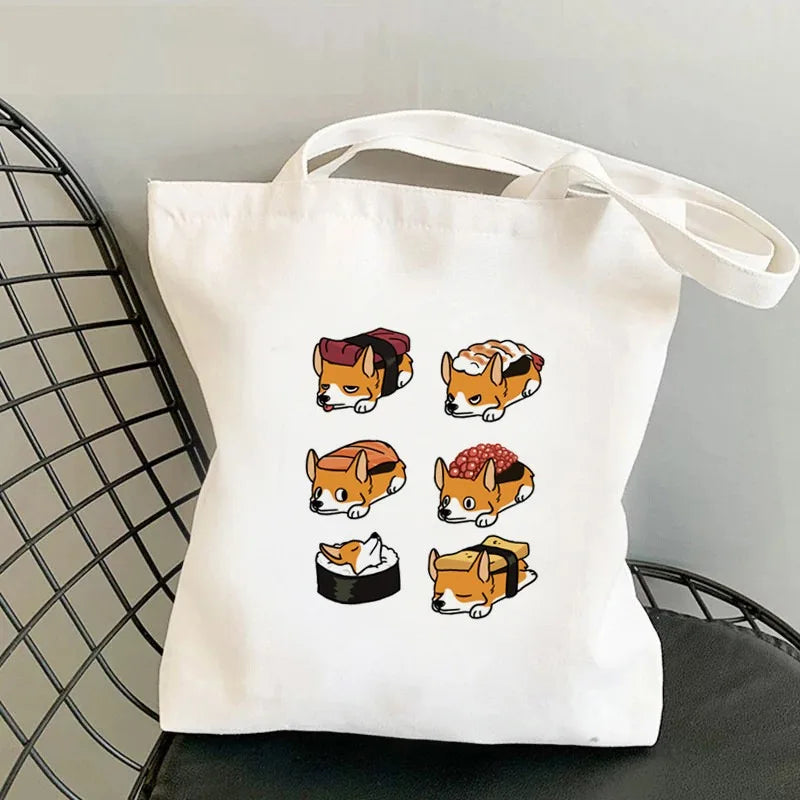 Corgi Dog Print Canvas Tote Bag