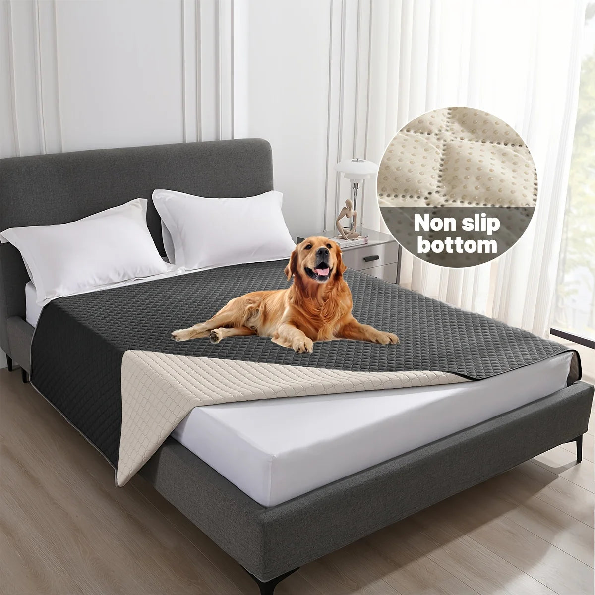 Black waterproof dog bed cover protecting furniture