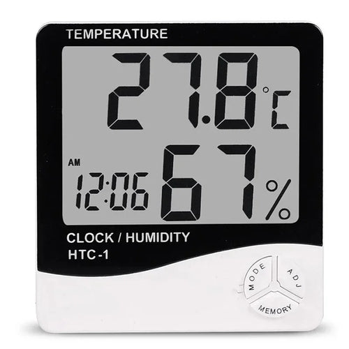 Thermometer with time and humidity details on a white background