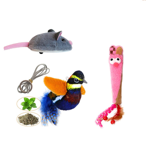 Interactive electric mouse cat toy with feather wand attachments on a white background
