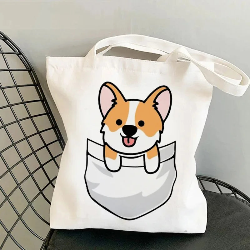 Corgi Dog Print Canvas Tote Bag