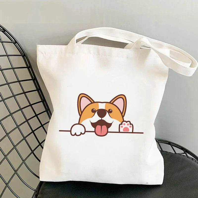 Corgi Dog Print Canvas Tote Bag