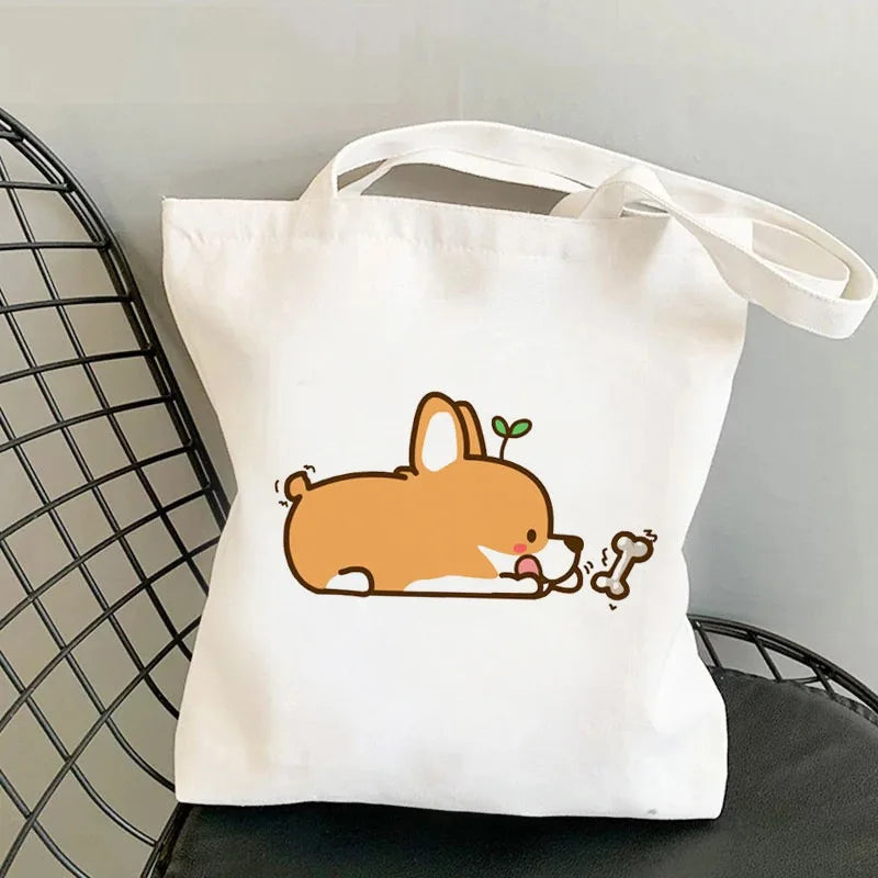 Corgi Dog Print Canvas Tote Bag