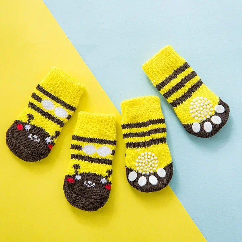 Paw Printed Anti-slip Dog Socks in Yellow Black Stripe