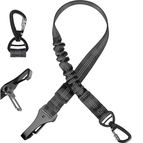 Black bungee dog car restraint tether with an aluminium carabiner and seatbelt buckle clip, shown flat on white