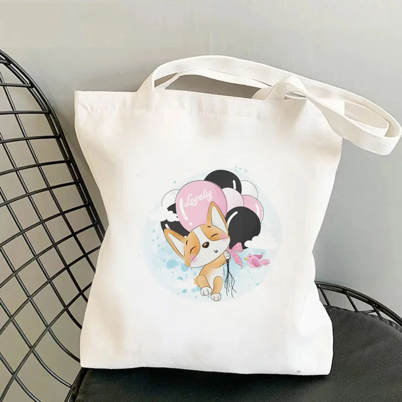 Corgi Dog Print Canvas Tote Bag