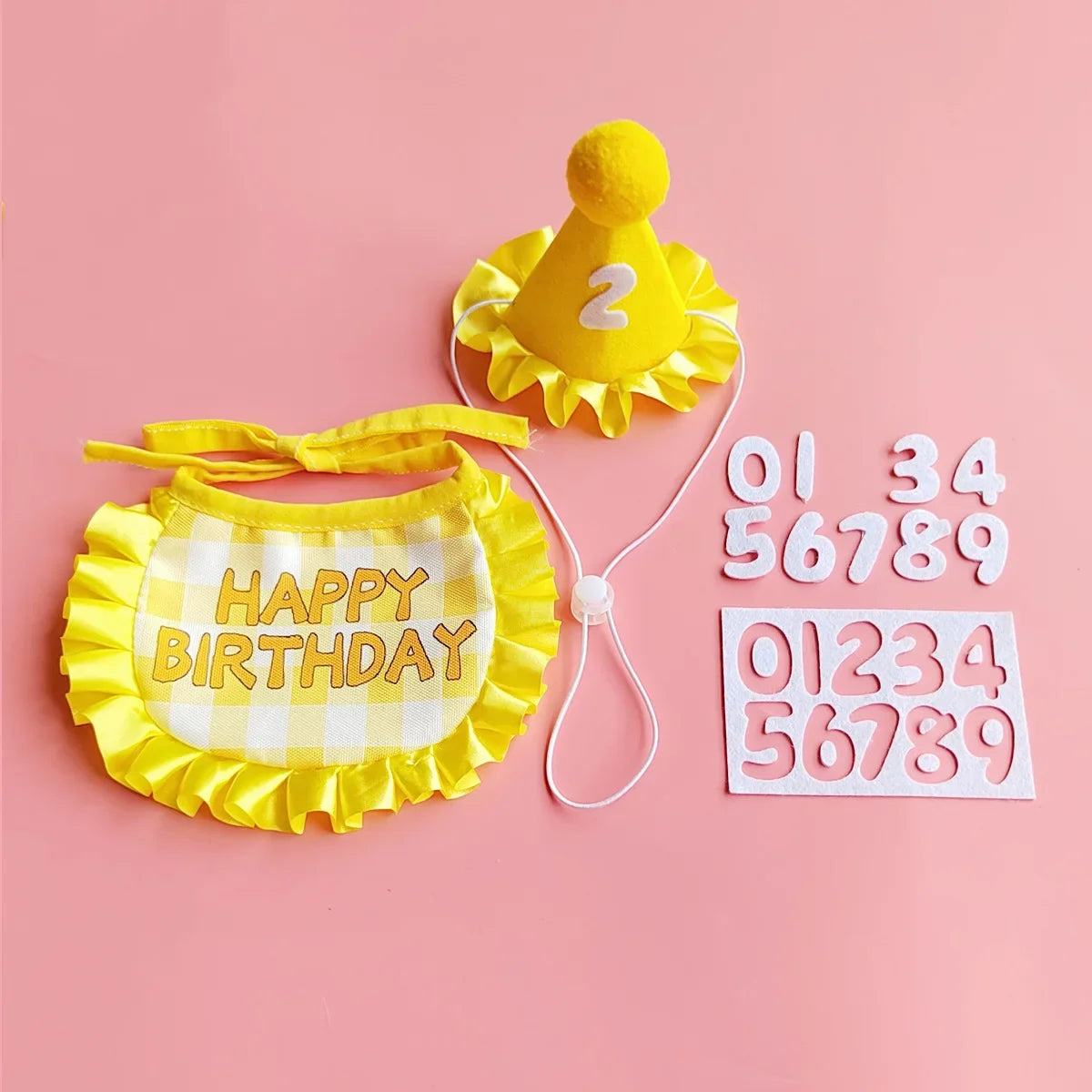 Doggy Birthday Outfit Set in Yellow Set, bandana and party hat