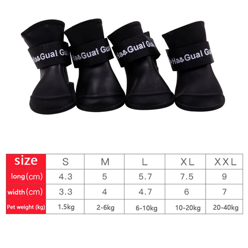 Black 4pc set waterproof dog rain shoes, anti-slip rubber boots