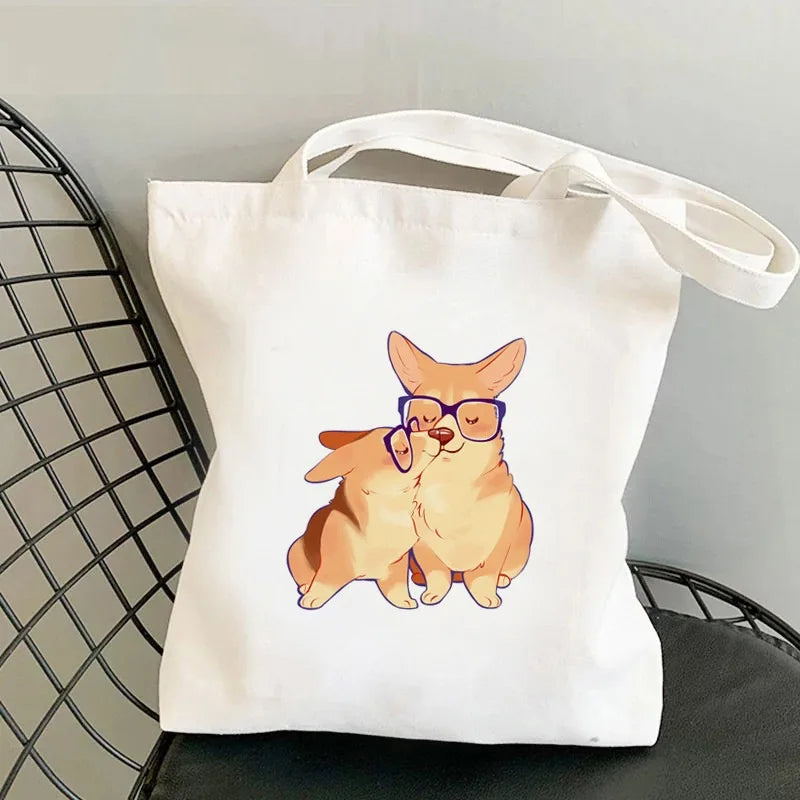 Corgi Dog Print Canvas Tote Bag