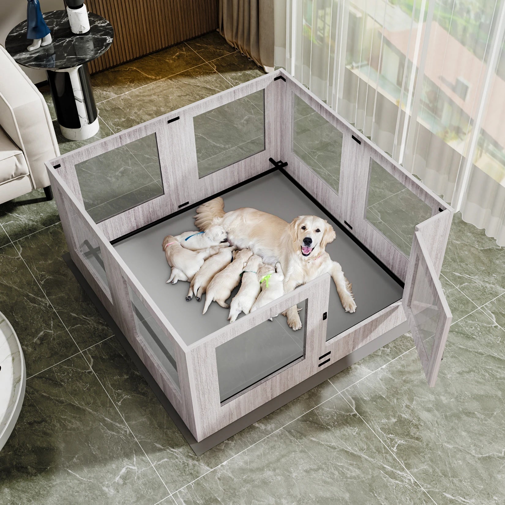 Tempered Glass Dog Playpen with Waterproof Pad