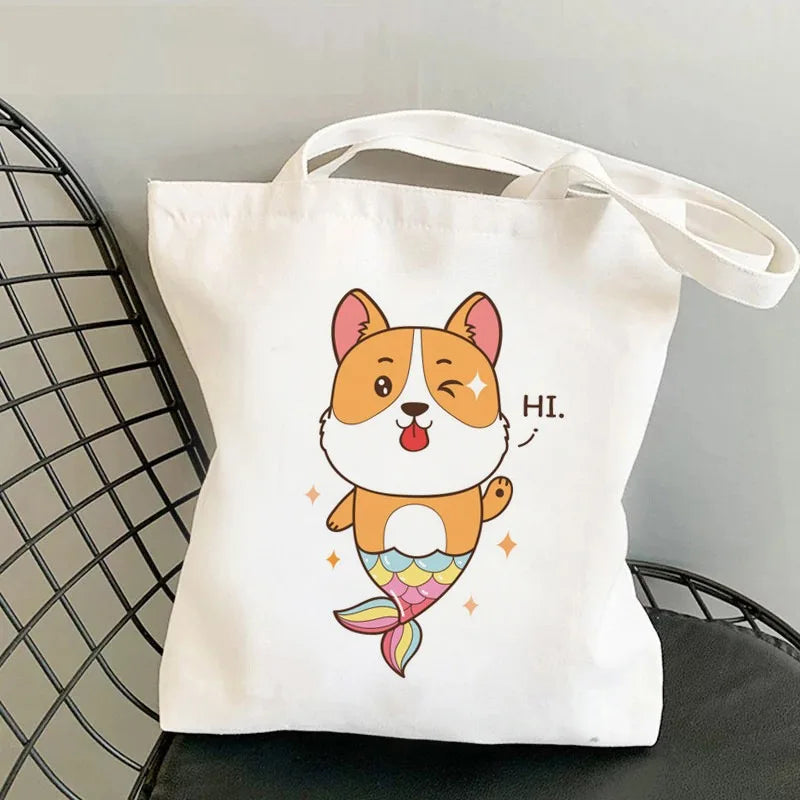 Corgi Dog Print Canvas Tote Bag