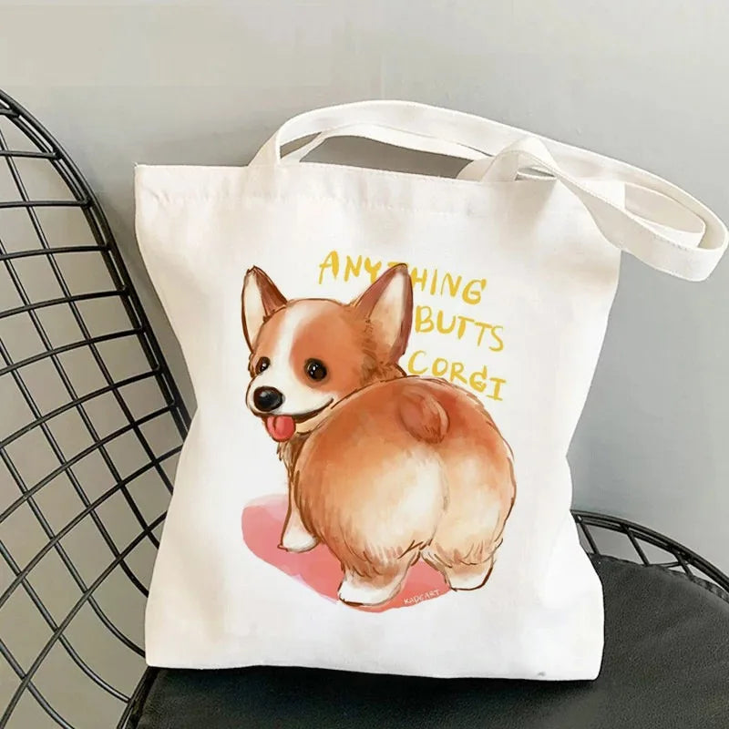 Corgi Dog Print Canvas Tote Bag