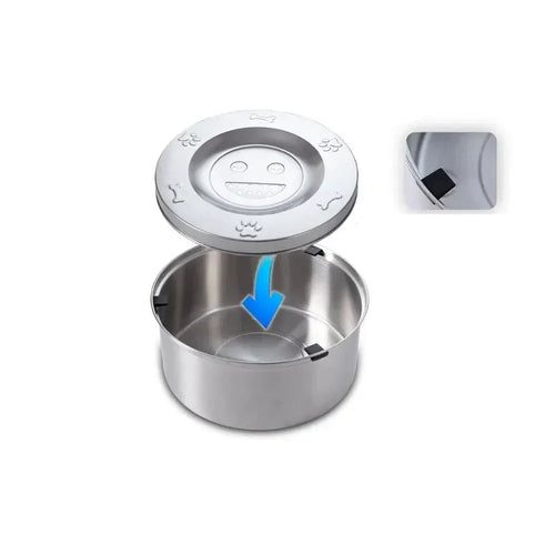 Anti-spill stainless steel dog water bowl with floating disc lid on a white background