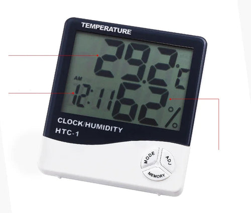 Thermometer with time and humidity details on a white background