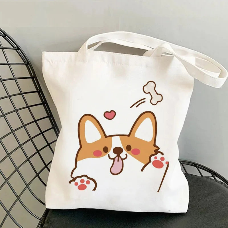 Corgi Dog Print Canvas Tote Bag