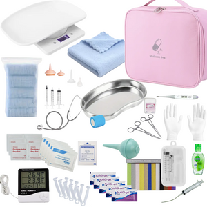 Premium Whelping Kit laid out flat with a pink carry bag, puppy scales, stainless steel kidney dish, haemostats, thermometer, gloves and feeding supplies